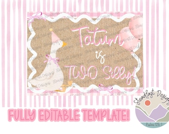 Plantilla de pancarta de cumpleaños de Silly Goose Girl / Canva editable (descarga digital)