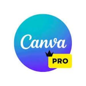 May include: The Canva logo features a gradient blue and purple circle with the word "Canva" in white script. A yellow rectangle with the word "PRO" and a small black crown is to the right of the circle.