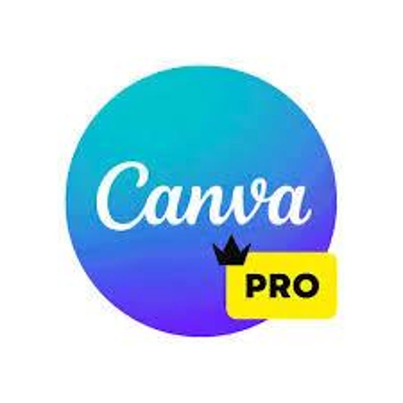 May include: The Canva logo features a gradient blue and purple circle with the word "Canva" in white script. A yellow rectangle with the word "PRO" and a small black crown is to the right of the circle.