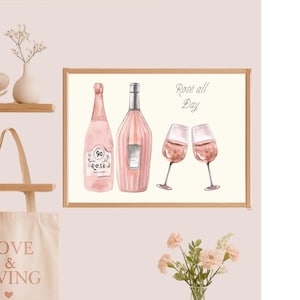 Póster "Rosé todo el día" | Lámina artística de vino con botellas y copas de rosado | Decoración de pared para cocina y bar | Estilo acuarela | Regalo para amantes del vino