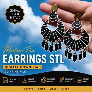 Puede incluir: Un par de pendientes en forma de abanico en blanco y negro con tachuelas circulares doradas y dijes ovalados colgantes. El texto en la imagen dice: Original Design by XTU3D, Modern Fan EARRINGS STL, Digital Download, 3D Print File, STL + 3MF Files, Instant Download, Multicolor Printing, Lightweight Design, 3D Print Ready, Create, Print, Wear, Share.
