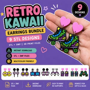 Retro Kawaii Earrings STL Bundle | 9 STL & 3MF Files | 3D Print Earrings | Cute DIY Jewelry | Digital Download | Multicolor Models