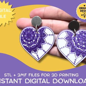 Mandala Heart Earrings STL | 3MF File | 3D Print Earrings | Multicolor Jewelry STL | Valentine’s Earrings | Digital Download