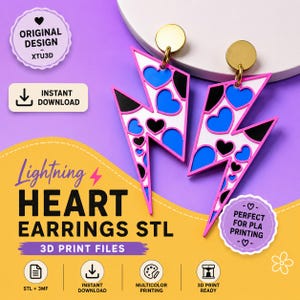 Puede incluir: Un par de pendientes con forma de rayo, base blanca, patrones de corazones azules y negros, bordes rosas y postes circulares dorados. El diseño incluye el texto ORIGINAL DESIGN XTU3D y HEART EARRINGS STL.