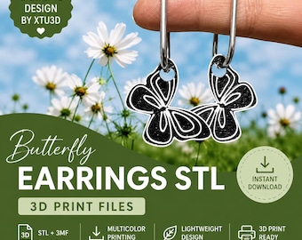 蝶のイヤリング STL | 3D プリントファイル | 印刷可能なイヤリング | デジタルダウンロード | 3MF 付属 | 蝶のペンダント STL