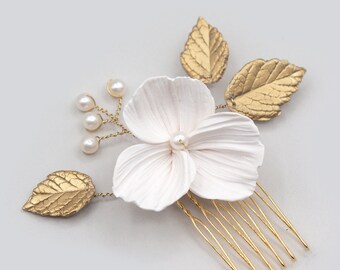 CAMILLE | Bridal Hair Comb | Gold Bridal Hair Comb | Flower Headpiece | Pearl Bridal Hair Comb | Floral Hair Piece
