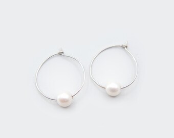 Pearl Hoops Sterling Silver - Pearl Hoops - Bridal Earrings - Bridal Hoop Earrings