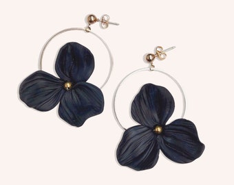 Black Floral Earrings / Bridal Earrings / Black Floral Hoop Earrings