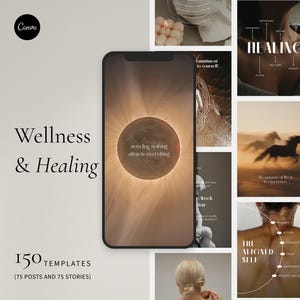 Peut inclure: Un ensemble numérique de 150 modèles de réseaux sociaux pour le bien-être et la guérison, présentant un écran de smartphone avec un graphique d'éclipse solaire et le texte "needing nothing attracts everything" avec diverses images.