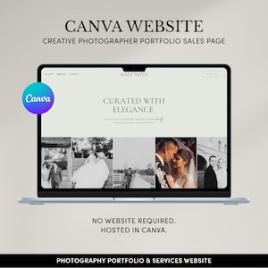 Pode incluir: Um laptop exibe um design de site com o texto "CANVA WEBSITE" e "CREATIVE PHOTOGRAPHER PORTFOLIO SALES PAGE." O site apresenta um portfólio com fotos de casamento e o texto "CURATED WITH ELEGANCE."