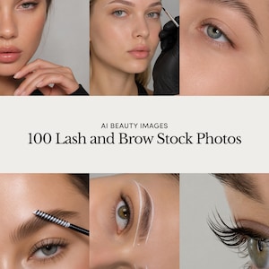 May include: A collage of close-up images showcasing various stages of eyebrow and eyelash enhancement. The images feature models with different eye colors and skin tones. The text "AI BEAUTY IMAGES" and "100 Lash and Brow Stock Photos" are displayed.