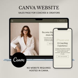 Könnte beinhalten: Ein Laptop und ein Smartphone zeigen eine Canva-Website-Verkaufsseite für Coaches und Kreative. Der Laptop-Bildschirm zeigt eine Frau in einem weißen Anzug. Das Smartphone zeigt "Private work 1:1 Coaching Experience". Das Canva-Logo ist sichtbar.