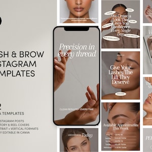May include: A collection of 132 editable Canva templates for lash and brow Instagram posts, stories, and reels. The design features neutral tones, elegant typography, and imagery of faces, eyes, and hands, with text overlays promoting beauty services.