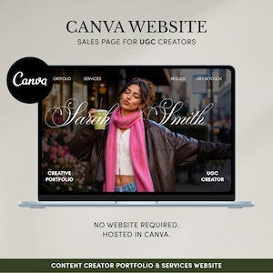 May include: A light blue laptop shows a website design. The website features a photo of a woman holding a drink, wearing a pink scarf and brown jacket. Text on the screen reads "Sarah Smith" and "Creative Portfolio". The laptop is on a light green surface. Text at the top says "CANVA WEBSITE".