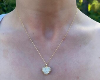 Dainty Pave Heart Necklace: Sterling Silver Pendant, Adjustable Chain