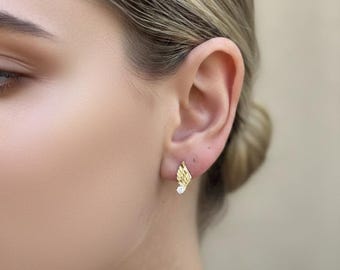 925 Sterling Silver Angel Wing Earrings: Cubic Zirconia Studs