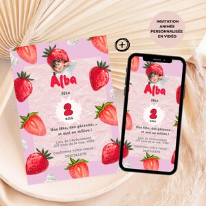Invitation anniversaire fille bébé, invitation anniversaire fraise rose français, anniversaire petite fille, invitation digitale à imprimer