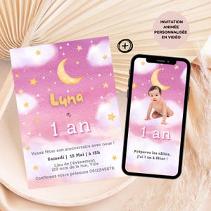 Carte d'invitation anniversaire enfant bébé fille personnalisée lune étoiles rose français + téléphone - Invitation digitale et à imprimer