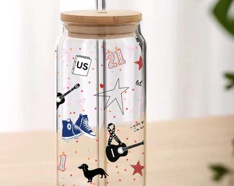Gracie Abrams Glass Can Tumbler with Bamboo Lid & Straw | Christmas Gift | Iced Coffee Beer Soda Drinkware |