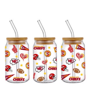 May include: Three clear glass tumblers with bamboo lids and glass straws. Each tumbler is decorated with Kansas City Chiefs logos, helmets, footballs, and the words "Kansas City Chiefs".