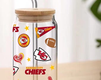 Kansas City Chiefs Glass Can Tumbler with Bamboo Lid & Straw | Football Game Day Cup, Iced Coffee Beer Soda Drinkware | KC Chiefs Gift
