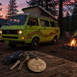 May include: A lime green vintage Volkswagen camper van with a pop-up top, parked near a campfire and tent. The van has decorative floral and wave designs. Keys with a wooden mushroom keychain rest on a wooden table.