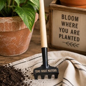 May include: A small black garden rake with a wooden handle, resting on a striped cloth next to a pile of soil. The rake has the text "TEND WHAT MATTERS". A potted plant and a wooden sign with the text "BLOOM WHERE YOU ARE PLANTED" are in the background.