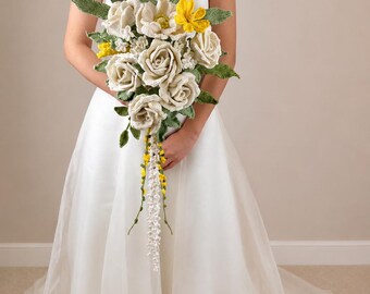 Crochet Bridal Bouquet, White Wedding Bouquet, Ivory Wedding Bouquet, Cascading Bouquet, Handmade Wedding Flowers