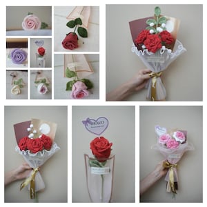 May include: A selection of handmade crochet roses in shades of red, pink, and purple. Some roses are presented individually, while others are arranged in bouquets with decorative paper and ribbons. The image highlights the detail and craftsmanship of the crochet flowers.