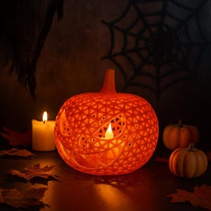 3D Printed Halloween Pumpkin LED Candle Holder: Spooky Jack-o&#39;-Lantern Night Light