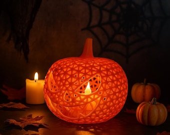 3D Printed Halloween Pumpkin LED Candle Holder: Spooky Jack-o'-Lantern Night Light