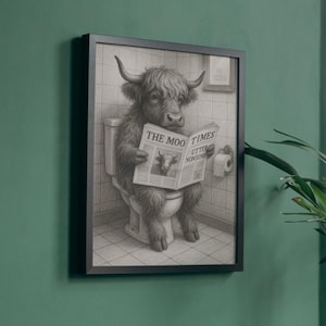 Funny Highland Cow Bathroom Wall Art Printable, Sitting on Toilet Reading Newspaper, Quirky Farmhouse Digital Download, Funny Animal Poster