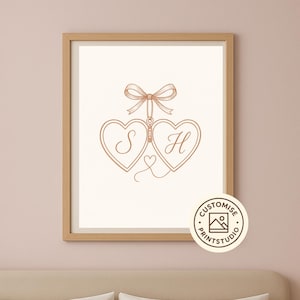 Custom Initial Heart Locket Wall Art, Digital Download for Couples, Anniversary Gift, Printable Bedroom Decor, Wedding Keepsake Print