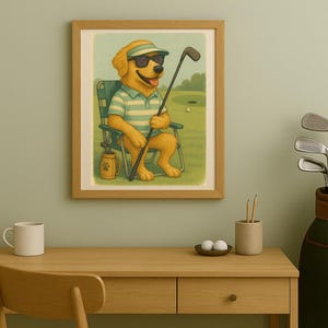 Funny Golden Retriever Golf Print: Retro Man Cave Wall Art (Digital Download