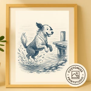 Dog Lake Art Print: Sketch Style, Coastal Cottage Decor (Digital Download