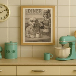 Funny Golden Retriever Diner Print: Sepia Coffee Shop Dog Art (Digital Download)