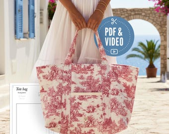 Quilted tote bag sewing pattern with handles, outer pocket, and inner lining with pockets – PDF and video tutorial