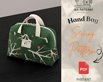 May include: A dark green handbag with white handles and a white branch pattern featuring small red berries. The bag has a rectangular label with text and a zipper closure. The image includes text reading SEA PATTERNS, Hand Bag, Sewing Pattern, PDF, and INSTANT DOWNLOAD.