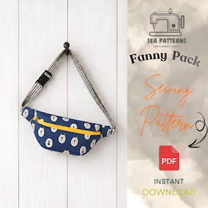 May include: A blue fanny pack with a white bear face pattern and a yellow zipper, featuring a black and white patterned adjustable strap. The text reads Sea Patterns Fanny Pack Sewing Pattern PDF Instant Download.