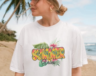 Chemise ambiance été couleurs confort, t-shirt vacances à la plage tropicale, jolie chemise d'été colorée, t-shirt esthétique d'été à la mode pour femmes vintage