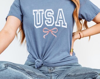 Patriotic USA T-shirt, USA Bow Shirt, 4th of July Tee, American Pride USA Bow Tee, Independence Day Shirt  Gift for Her, American Girl Gifts