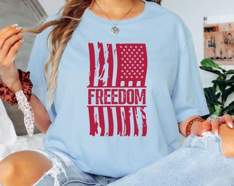 Freedom Flag Patriotic USA Tee Shirt, Veteran Gift Shirt, Independence Day Tee-Distressed American Flag T-Shirt for 4th of July
