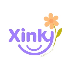 May include: A logo design featuring the word "Xinky" in purple, with a smiling curve beneath it. A flower with orange petals and a yellow center is on the right, with the word "Design" in cursive.