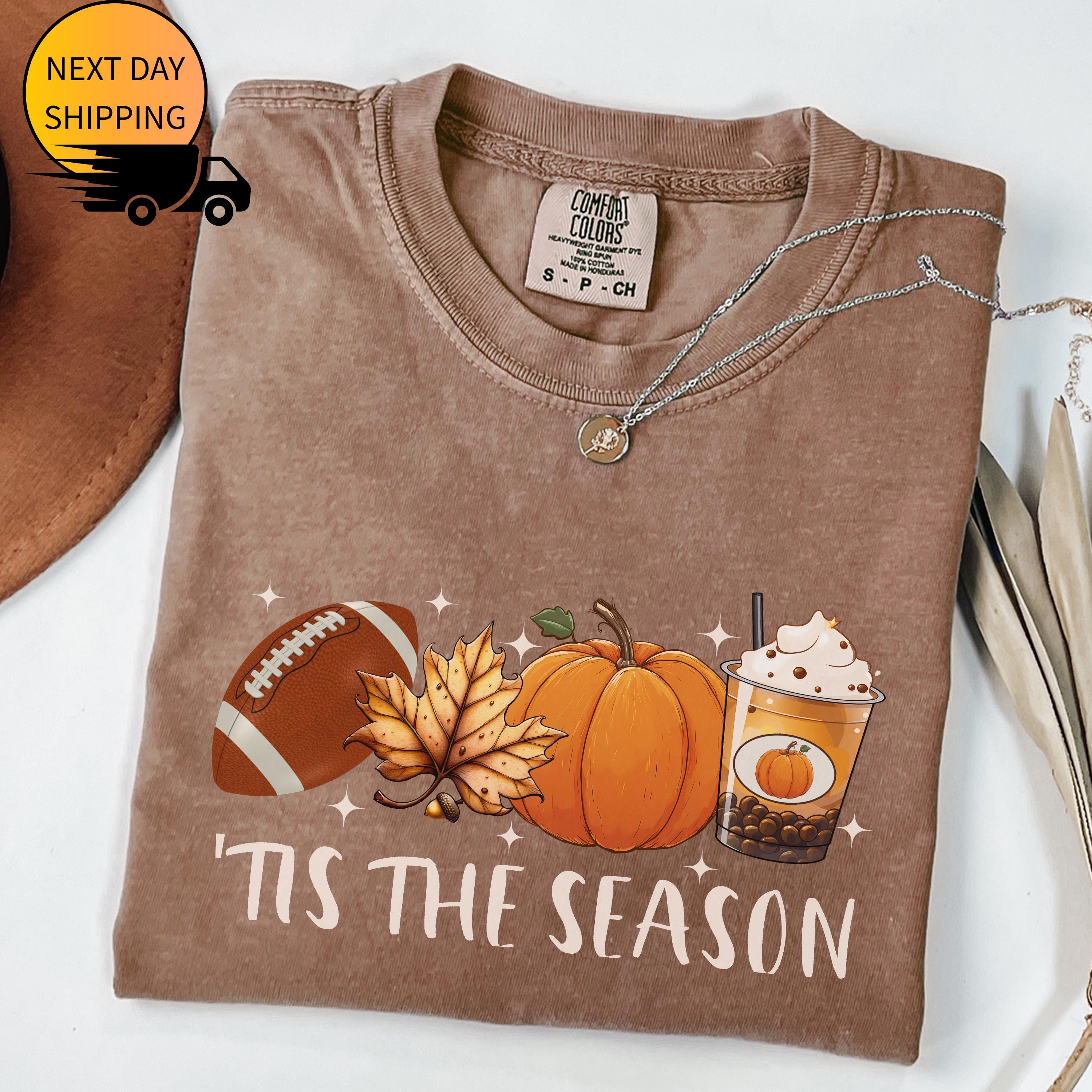 Tis The Season Comfort Colors® Shirt, Fall Pumpkin Coffee Football Tshirt , Cute Autumn Top, Cozy Game Day Fall Long Sleeve for Gifts