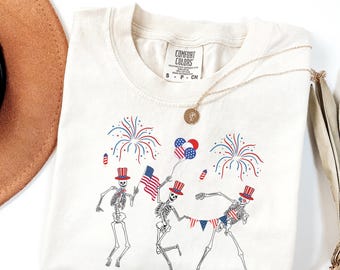 Patriotic Skeleton Shirt, 4th of July T-Shirt, Funny Comfort Colors USA Tee, Dancing Skeletons Fireworks Shirt, Independence Day Outfit