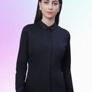 Women&#39;s Classic Black Button Down Shirt Long Sleeve Formal Blouse Office Wear Collared Work Shirt