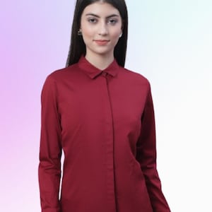 Women Classic red Button Down Shirt Long Sleeve Formal Blouse Office Wear Collared Work Shirt