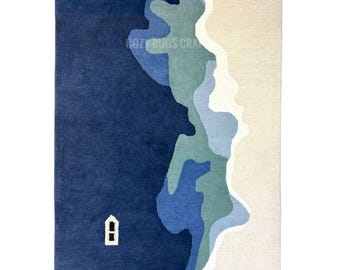 Handgefertigter Küsten Teppich aus Wolle, Abstraktes Meereswellen Design