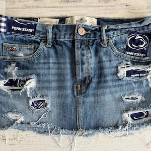 Pennsylvania Penn State Nittany Lions Themed Patch Denim Skirt Ladies size 5 27 Rush Week Bed Party Tailgate OOAK Ready to ship