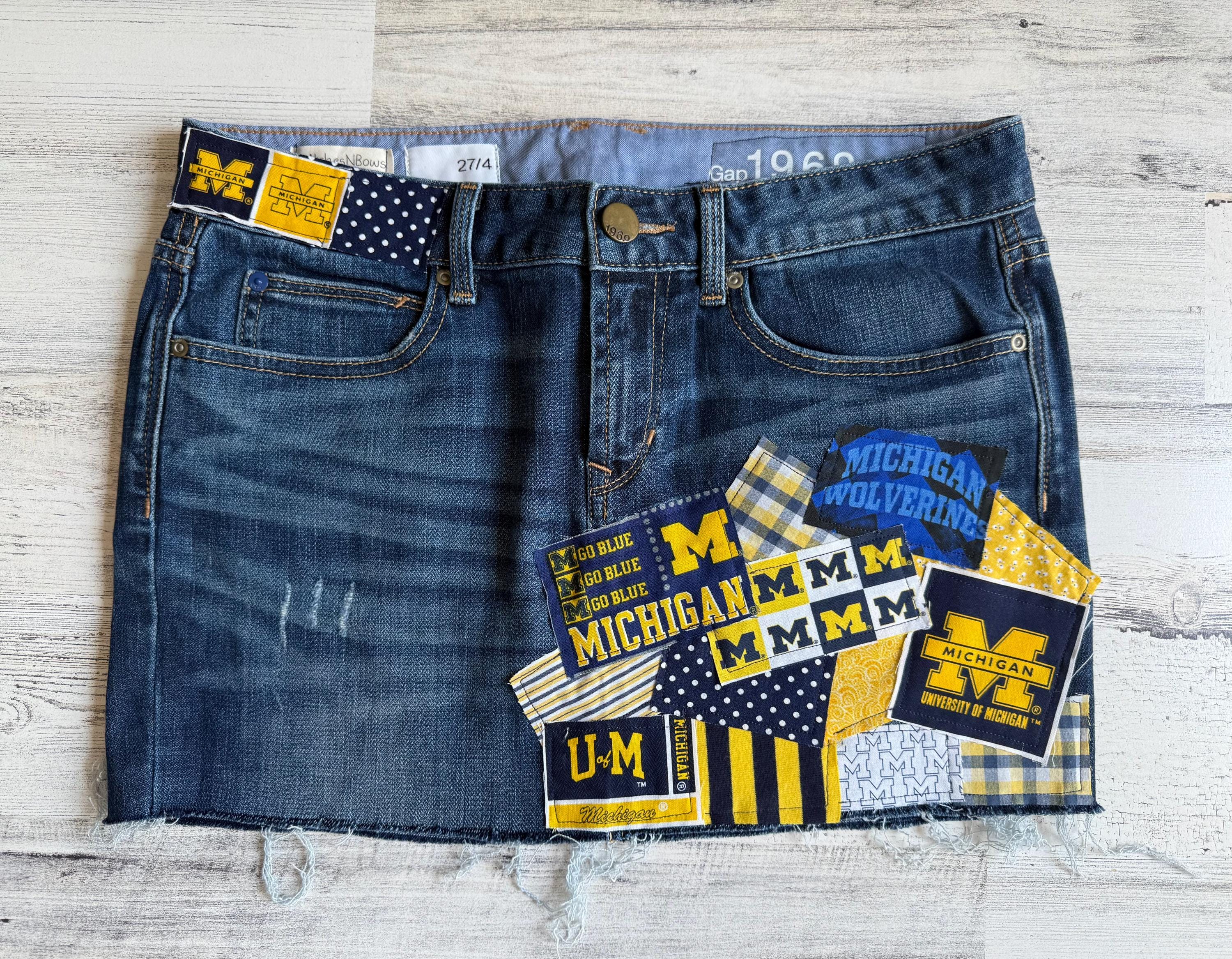 University of Michigan U of M Custom Patch Denim Skirt Ladies Womens ALL sizes Bed Party Tailgate Clothes
